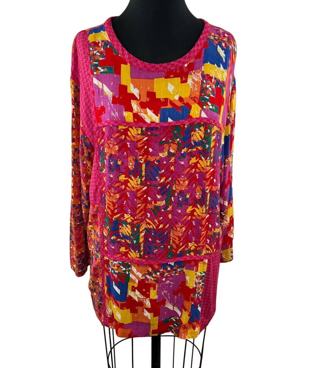 VINTAGE Carole Little Bold Colorful Printed Long Sleeve Blouse 70s 80s 90s M 8